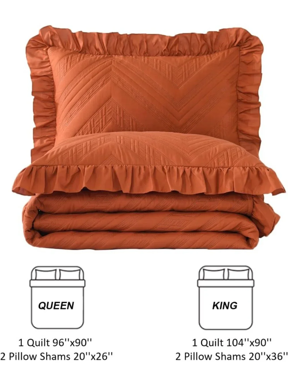 Cozy Burnt Orange Ruffled King Quilt Bedding Set | Fall Decor Bedspread